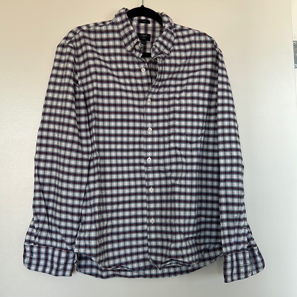 J. Crew men’s red and blue plaid button down shirt, Large